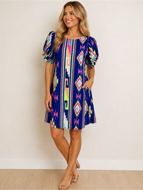 Lila Womens Small Blue Aztec Geometric Print Shift Dress Puff Sleeve Mini